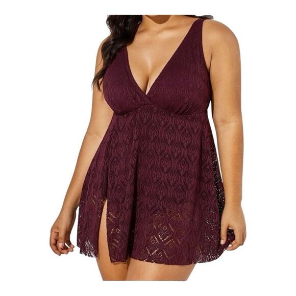 Swimsuits For All Wine Crochet Side Slit V-Neck Swim Dress Plus Size 32 Burgundy - Picture 1 of 13